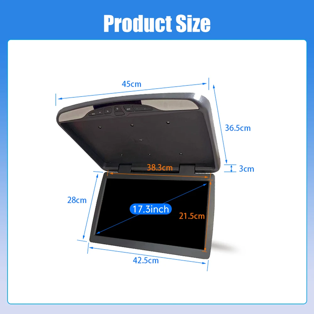 17.3 Inch Car Roof Monitor 1080P Flip Screen Top Multimedia Video Ceiling Roof Mounted Display PAL NTSC Two-way AV Video Input