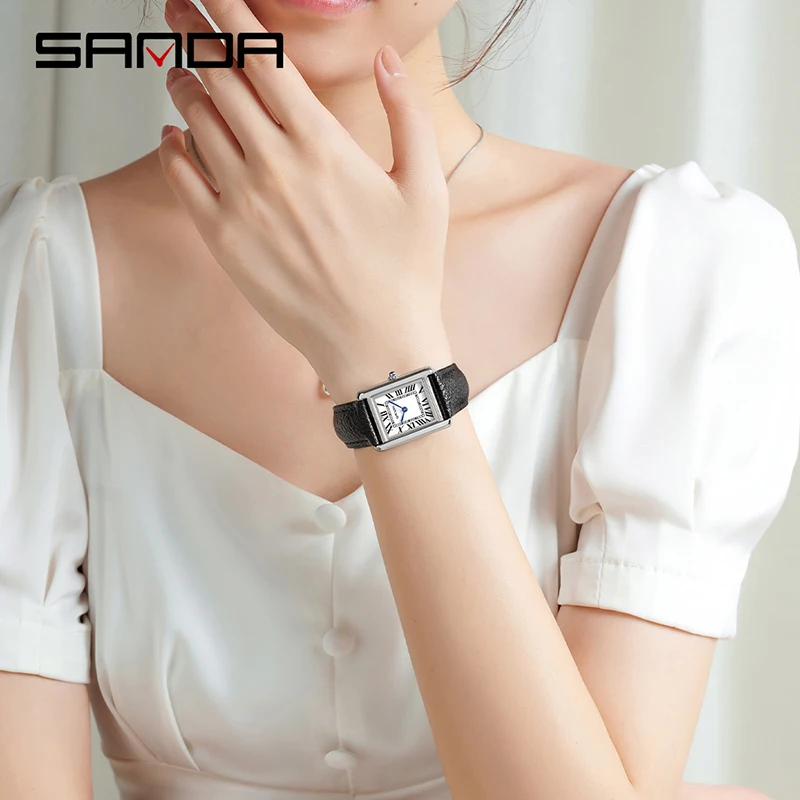 SANDA 2025 часы для пар, водонепроницаемые повседневные модные женские и мужские кварцевые часы, износостойкий кожаный ремешок с квадратным циферблатом, дизайн Reloj