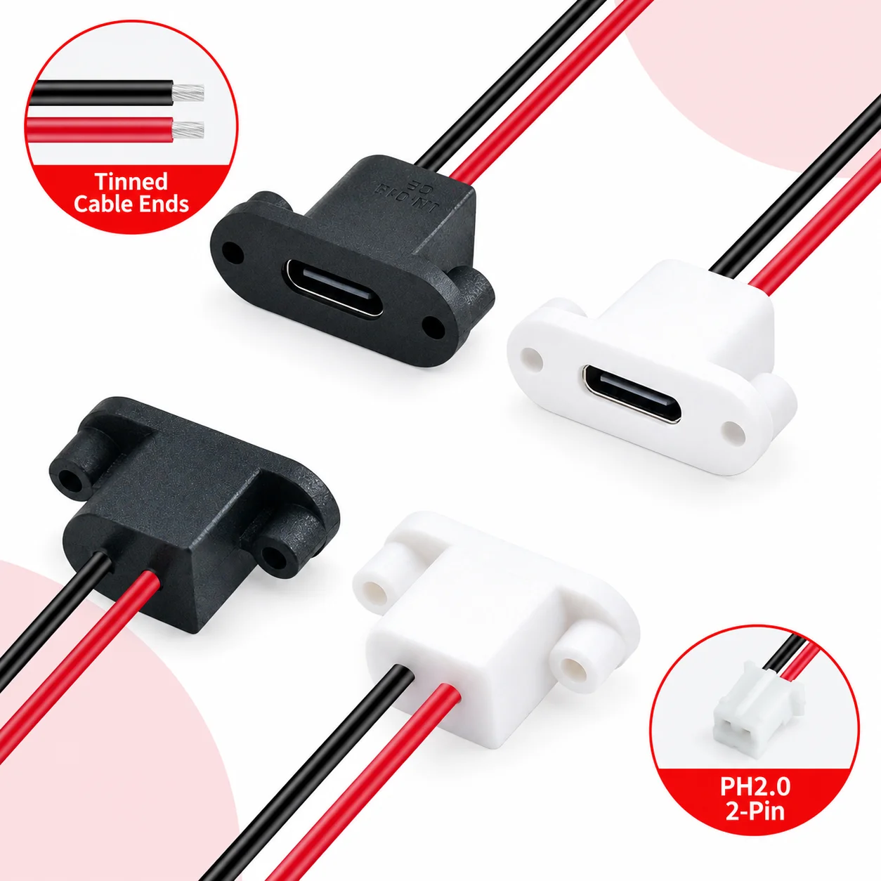 USB Type-C Female Panel Mount Socket 2Pin Screw Flange PH2.0 2P Terminal Tinned Wire Charging Connector Black White For DIY