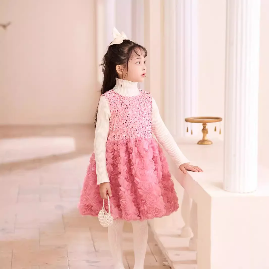 Children Girl Autumn Princess Sundress Cotton Sequin Sleeveless Infant Baby Girl Vestidos Ruched 3D Rose Hem Toddler Girls Dress