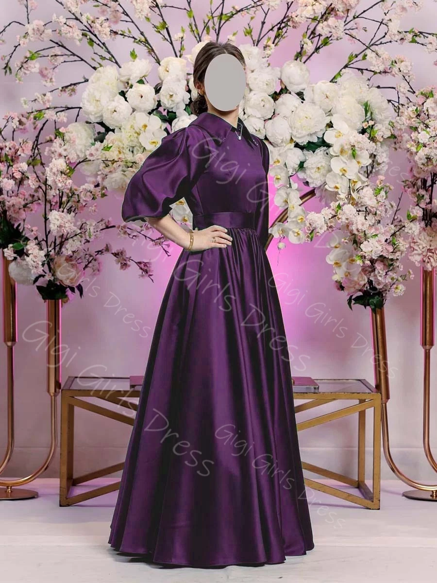 ชุดเดรสทรงเอไลน์สำหรับเพื่อนเจ้าสาว คอปกเสื้อ แขนทรงบอลลูน ชุดงานแต่งงาน ชุดราตรี ชุดออกงานยาว ชุดแม็กซี่  รับตัดตามสั่ง