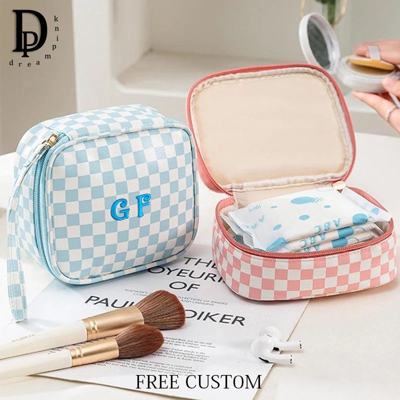 Custom Embroidery Initials Fashion Leather Cosmetic Bag Portable Sanitary Napkin Medicine Storage Bag Plaid Woman' S Make Up Bag