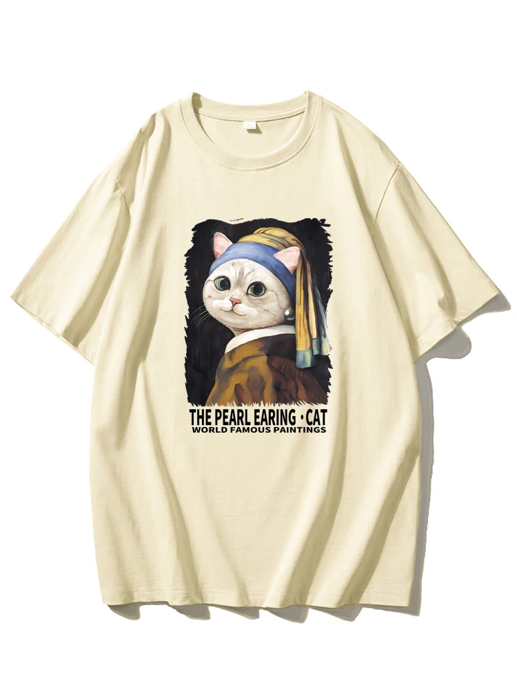 2025 تي شيرت مطبوع عليه أقراط لؤلؤ القط للرجال والنساء، بلايز قابلة للتنفس، اللوحات الشهيرة، الصيف