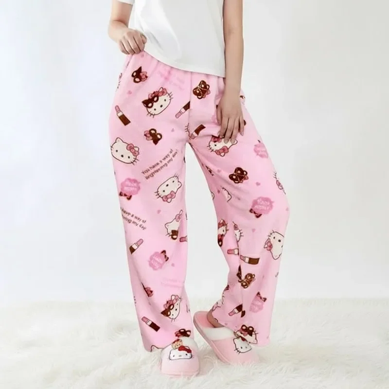 Hello Kitty Pink Bow Lipstick Heart Flannel Pajama Pants Womens Wide Leg Soft Fleece Sleepwear Home Trousers Kawaii Gift