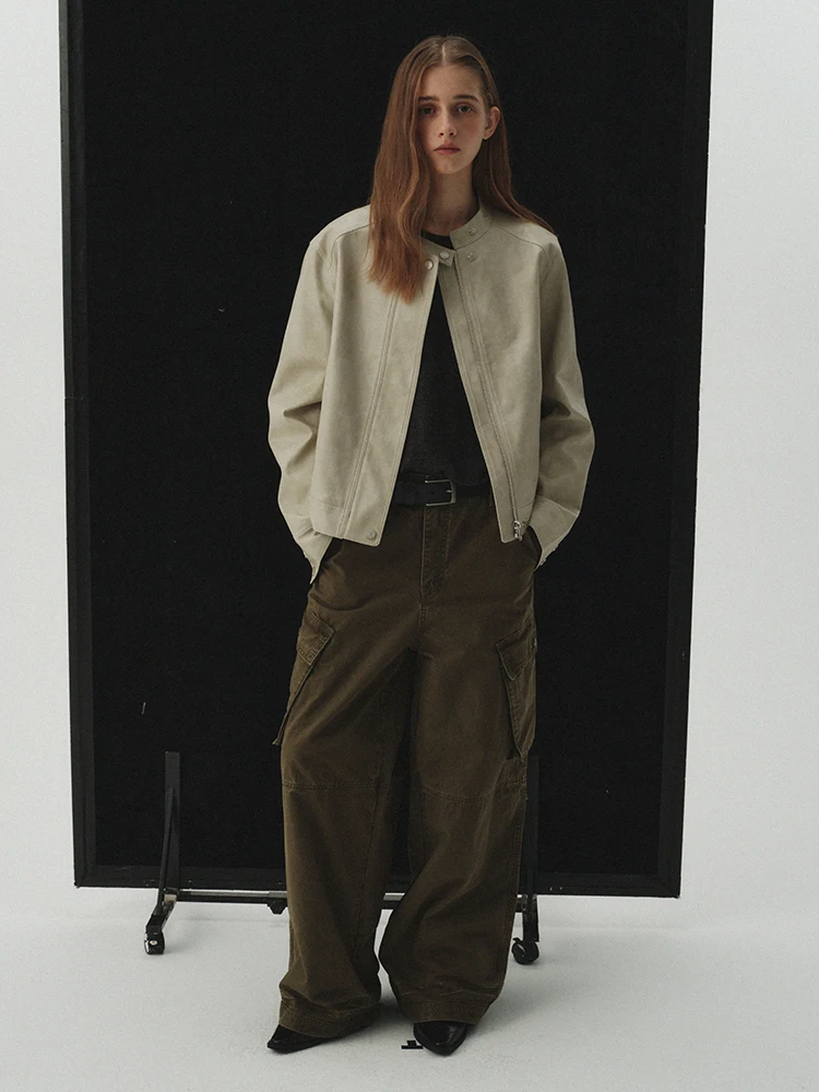 เสื้อแจ็คเก็ตหนังสไตล์เรโทร คอตั้ง แบรนด์ Goffrid บุผ้าฝ้าย สำหรับผู้หญิง ฤดูใบไม้ผลิ ฤดูใบไม้ร่วง เป็นมิตรกับสิ่งแวดล้อม กันลม