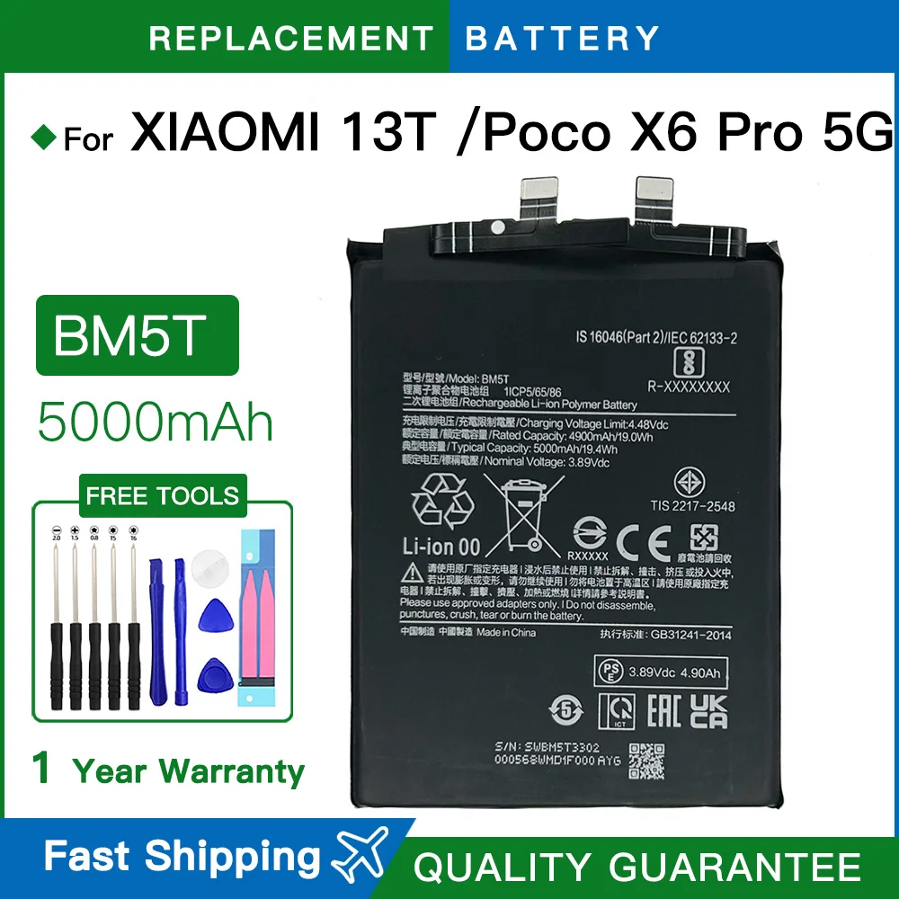 Brand new BM5T Original Battery For Xiaomi Poco X6 Pro 5G Mi 13T Mobile Phone High Quality Phone Batteries batteria +Free Tools
