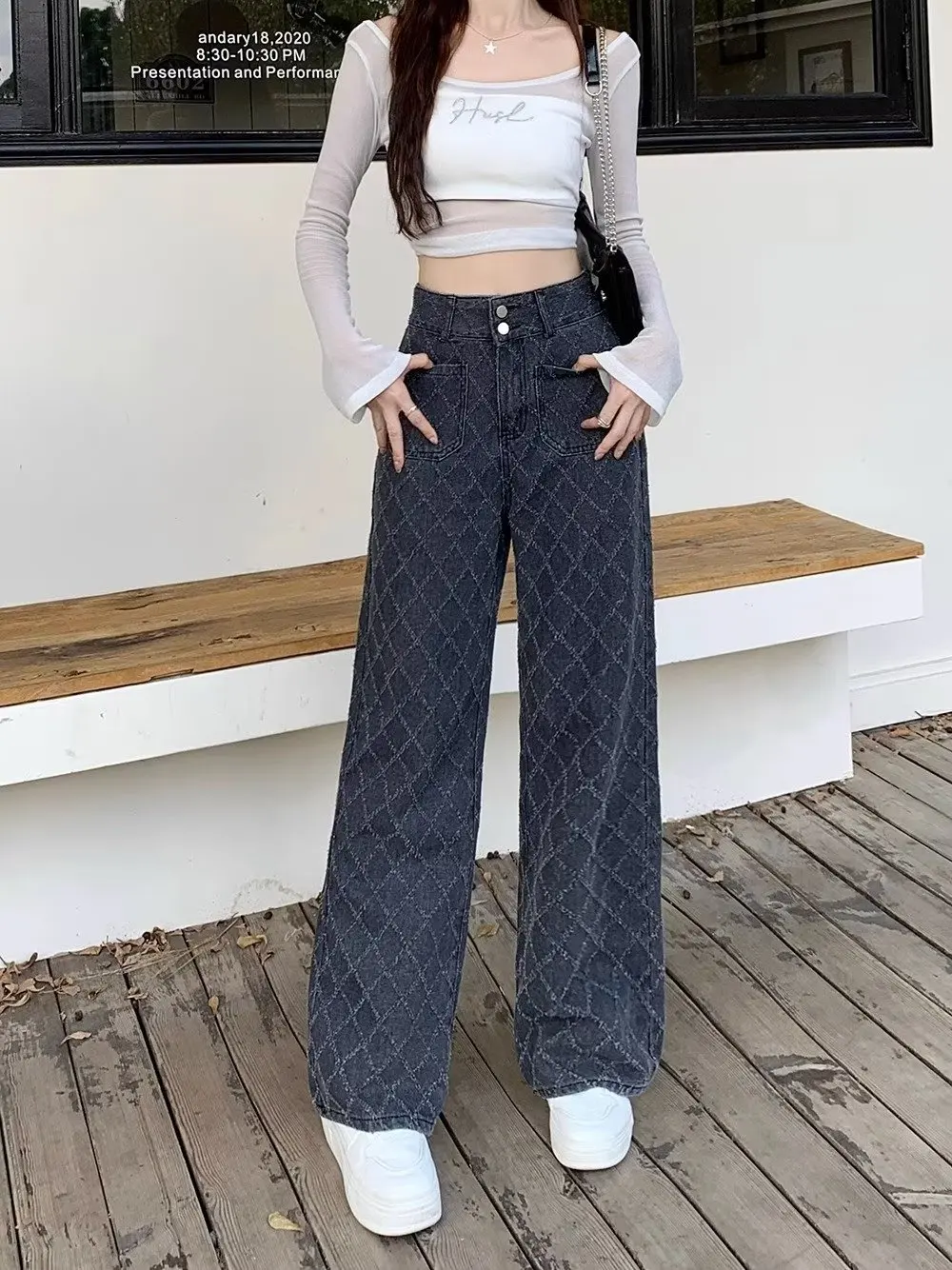 

Y2K Style High Street Plaid Jeans Women's Sslim High Waist Straight Loose Hong Kong Style Wide Leg Mop Pants Fashion Stretch Des