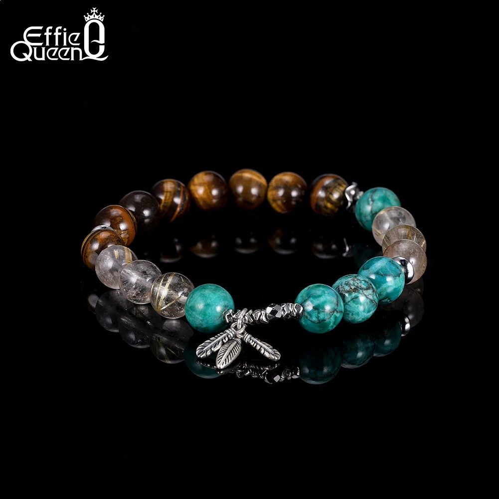 

Браслет EFFIE QUEEN из натурального тигрового глаза, винтажный, с бусинами, шармом и серебром S925, с бирюзовым кварцевым камнем, GMB91