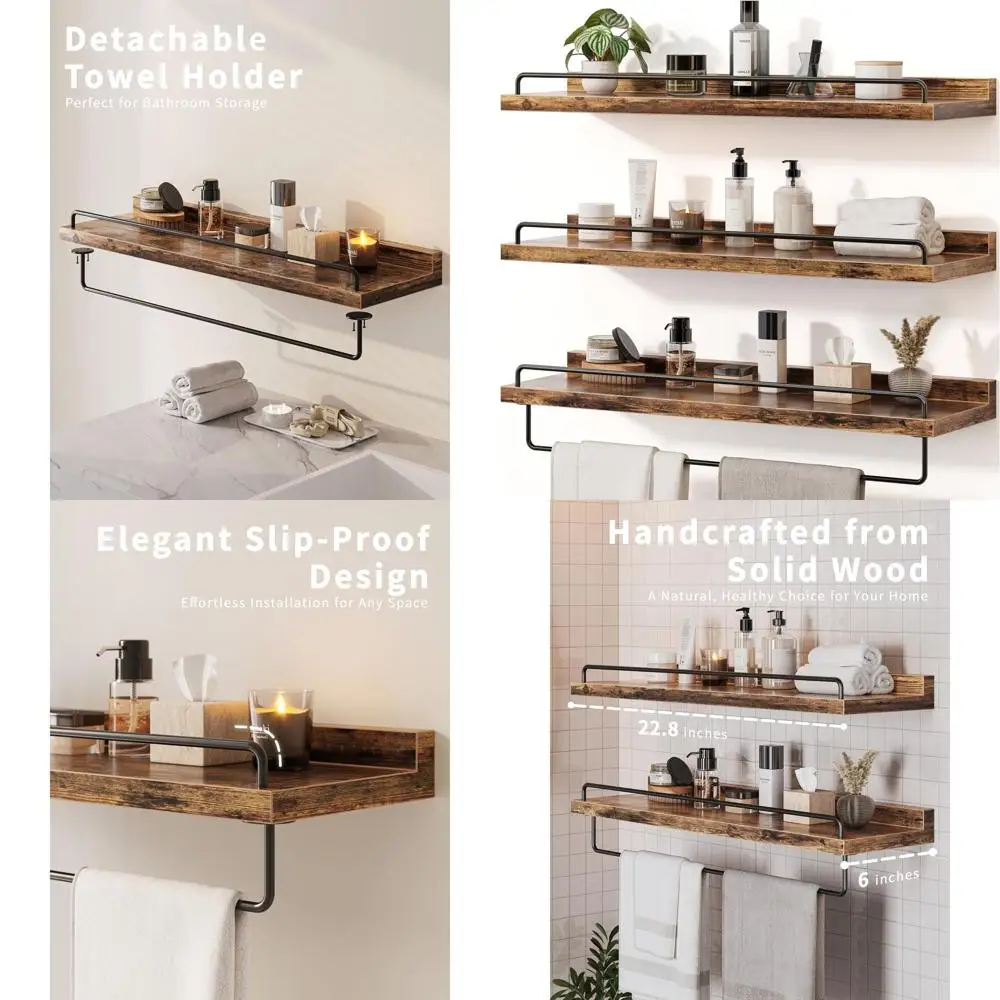 

Set of 3 Rustic Brown Floating Wall Shelves, 23 for Bathroom & Room Décor