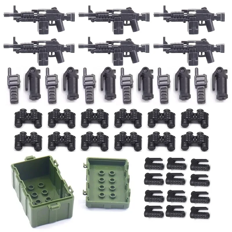 MOC – boîte d'armes militaires américaines, ensemble d'équipements de l'armée, accessoires de pistolet, Mini figurines d'action de soldat, blocs de construction, briques, jouet cadeau