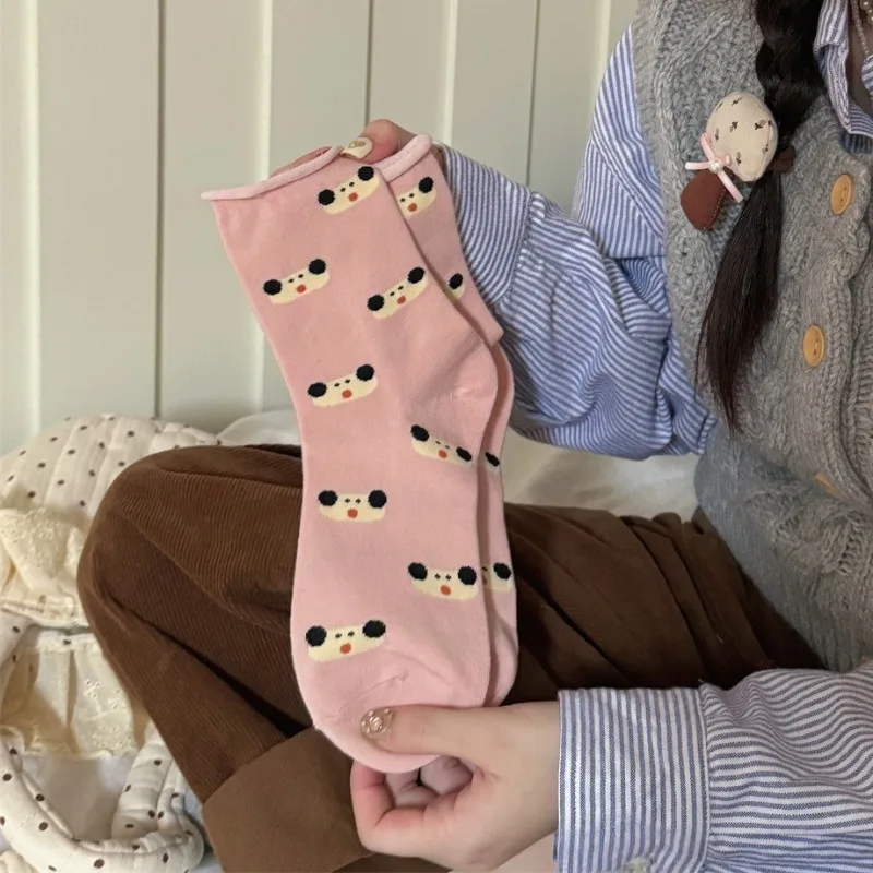 

Розовые носки Kawaii, женские носки с мультяшным принтом, повседневные винтажные уличные носки в стиле Харадзюку, носки средней длины в японском корейском стиле