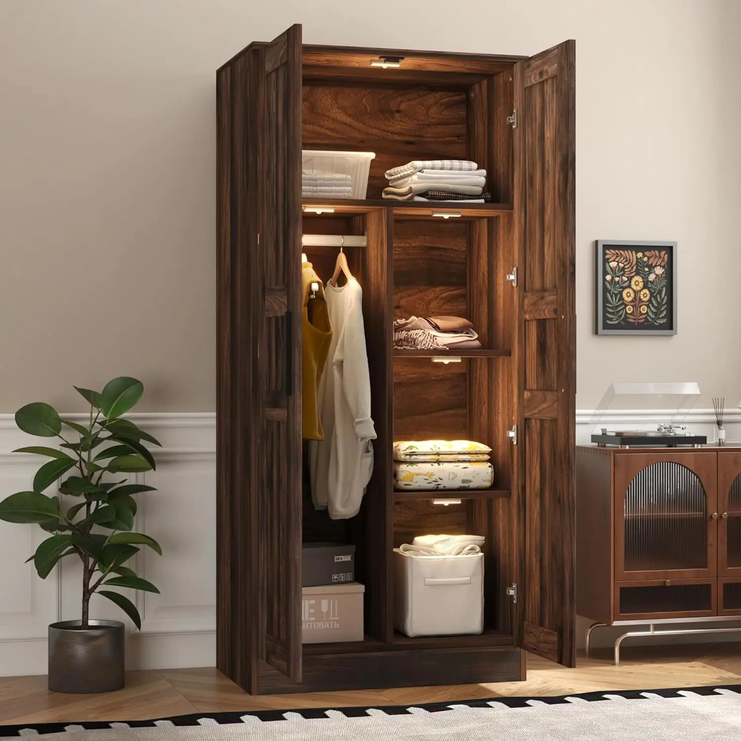 

2-Door Wooden Wardrobe Armoire Closet with LED and 4 Storage Shelves, 1 Hanging Rods for Bedroom, Brown