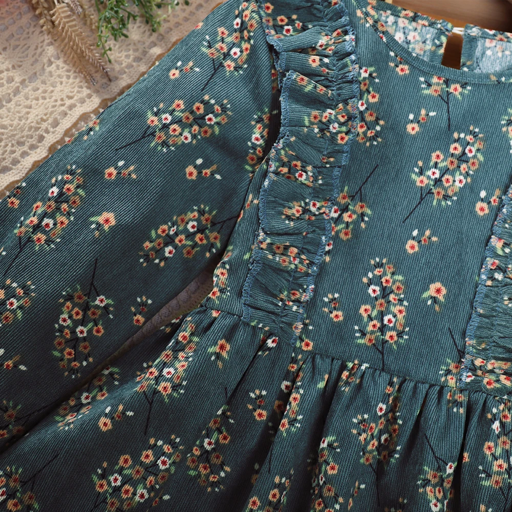 النسخة الكورية من الترفيه الريف نمط الفتيات الخريف جديد تكدرت زهرة طباعة فستان بكم طويل ملابس الموضة للأطفال #4