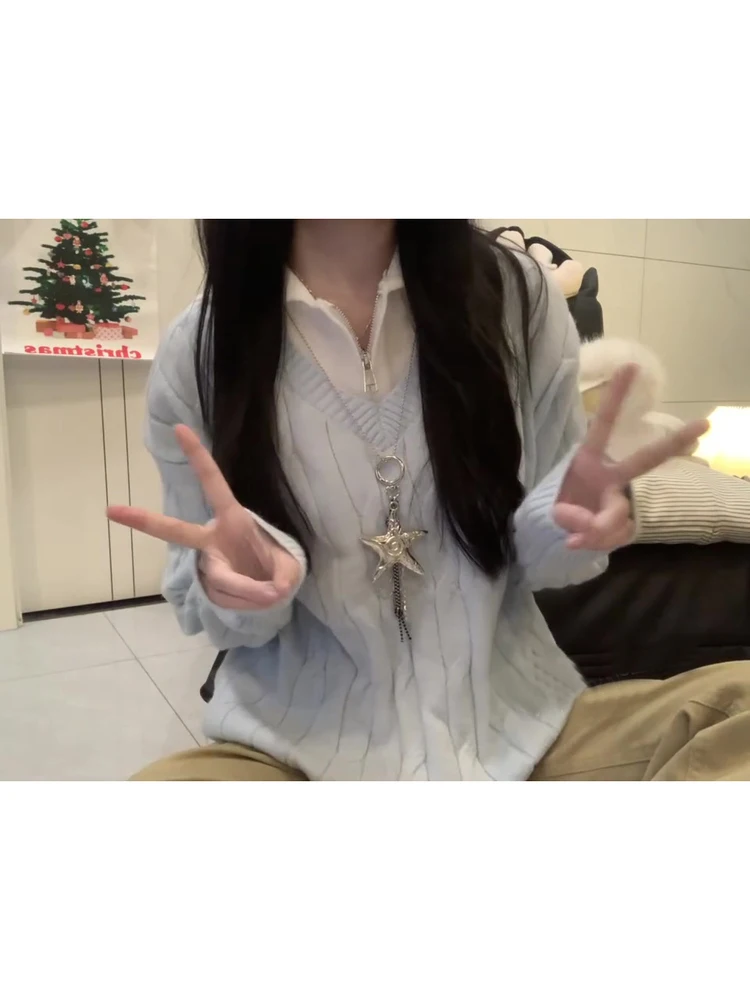 Korean Sle Blue Patchwork Zipper  Ne Knitted Sweater Women's Loose Lazy Autumn Winter High End Feeling Top