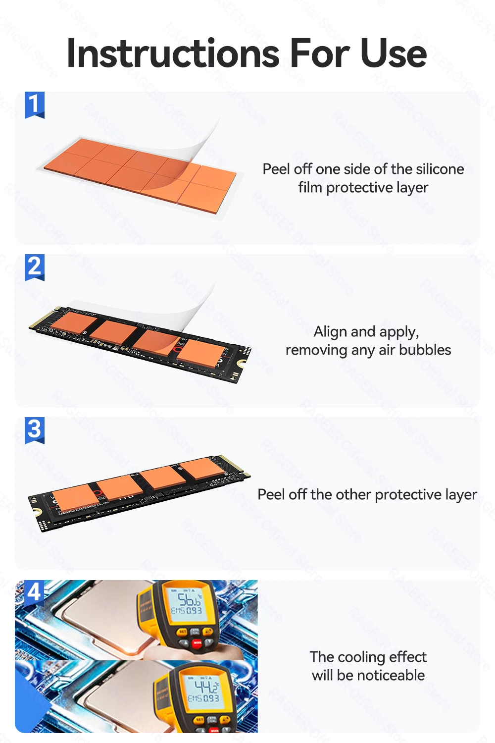 RAGEER M.2 SSD Wärmeleitpad NVMe SATA Wärmeleitpad 100 Stück für PC PS5 Kühlkörper Laptop/CPU/SSD-Gehäuse/GPU LED IC Chipsatz Kühlung – Detail 6
