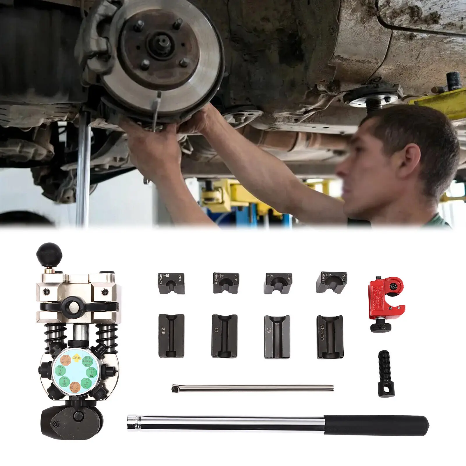 Kit de herramientas de abocardado de línea de refrigerante de freno de combustible hidráulico + troqueles 5/16" 3/8" 3/16" 1/4"