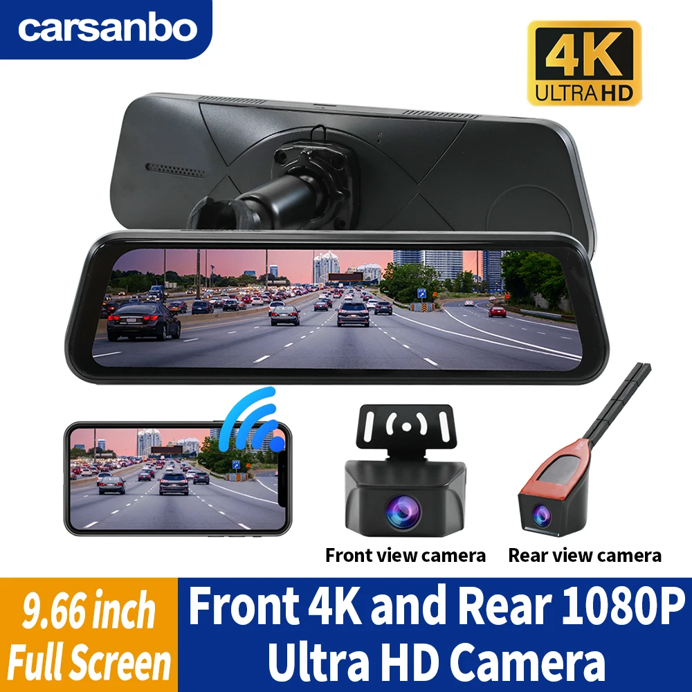 Carsanbo 4K Front View Camera 1080P Rear View Parking Camera 9.66inch IPS Touch Full Screen RearView Mirror Monitor Car Moinitor
