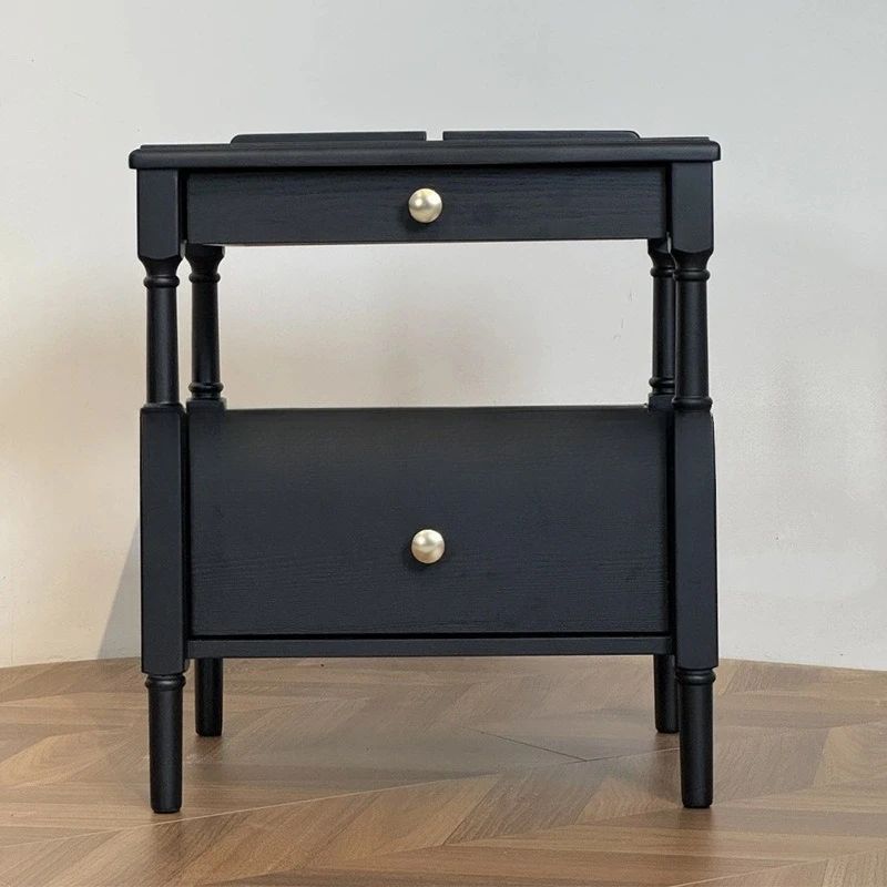 French retro solid wood bedside table double drawer bedside locker small apartment household ash wood