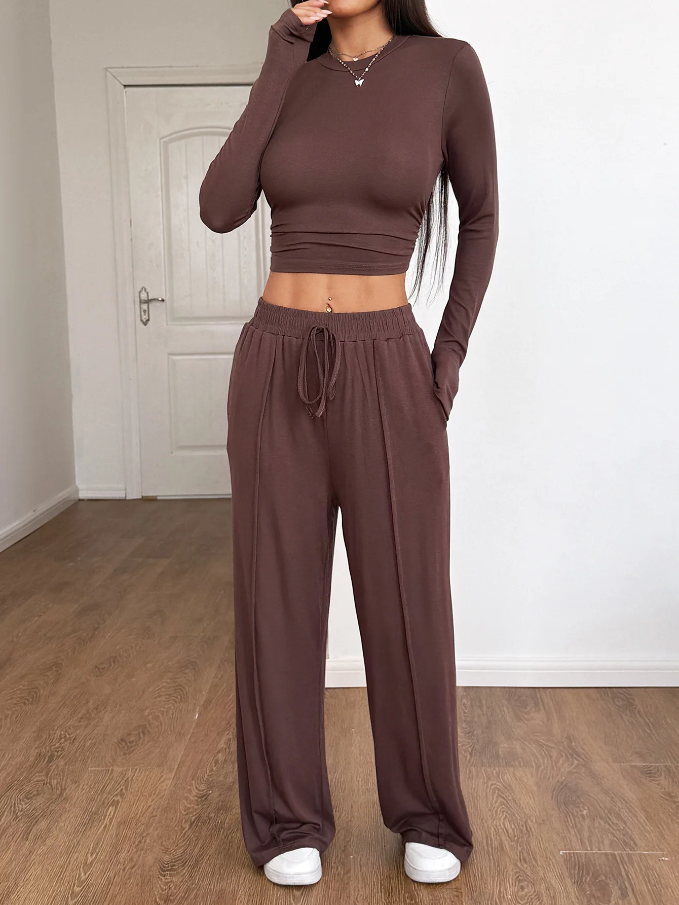 

Yoga Style High Stretch Long Sleeved Wide Leg Pants Set for Women's Spring/summer 2026