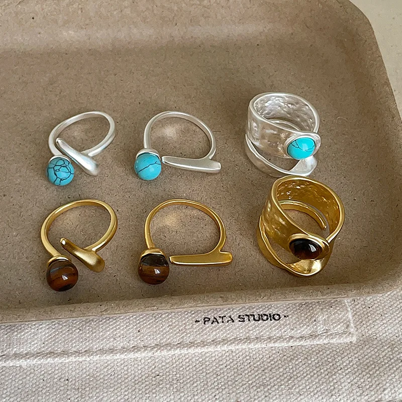 Gold Silver Plated Vintage Multiple Natural Stone Kallaite Tiger Eye Geometric Opening Adjustable Cocktail Ring for Women
