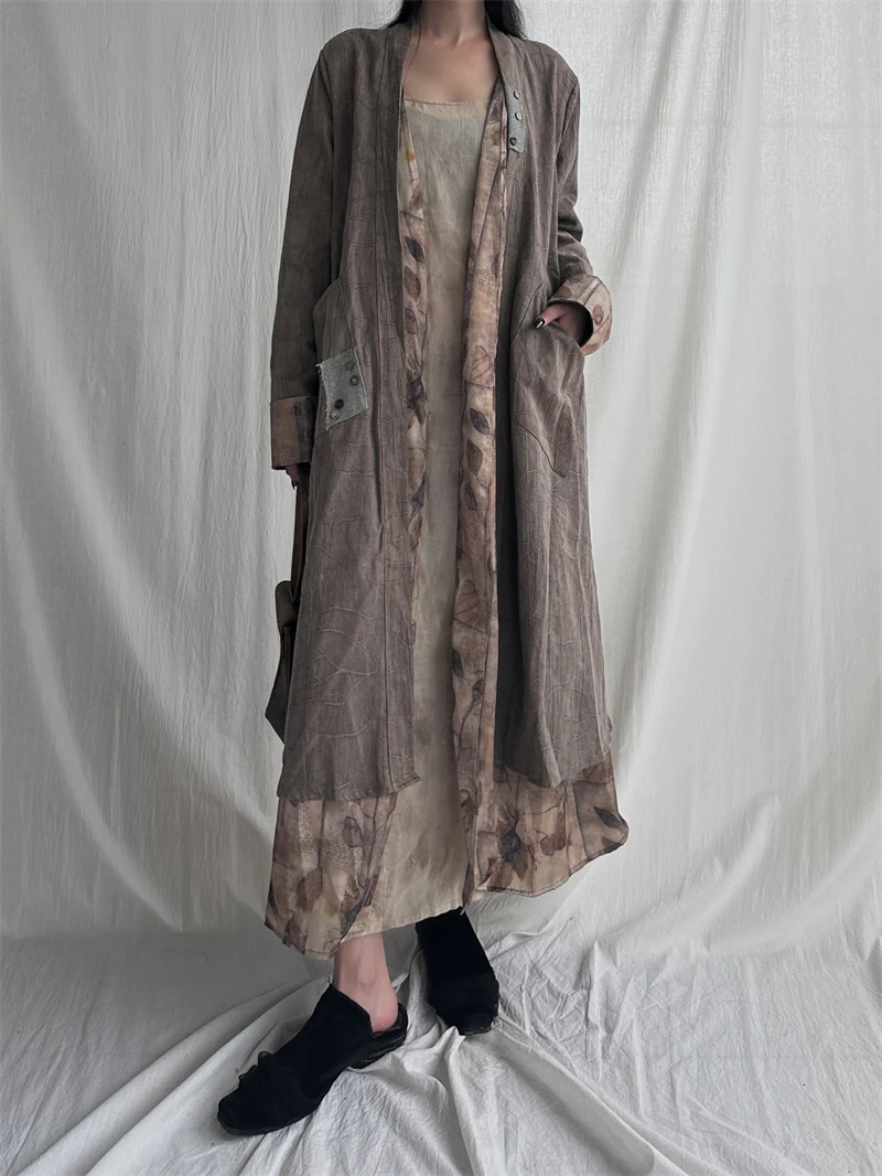 

MOONLET Rustic Wood Texture Vintage Open Cardigan Long Loose Splicing Pleated Design Cool Sensation Women's Long Coat