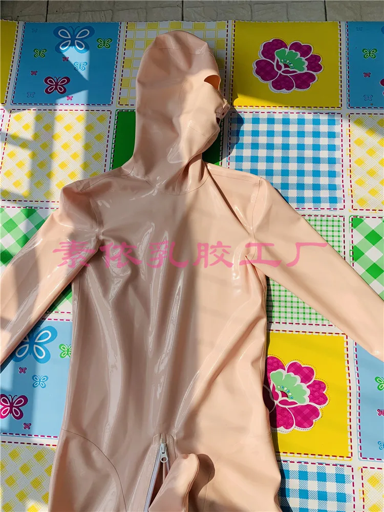 Skin latex catsuit red teeth nose tube zip hidden sheath no gloves 0.4mm