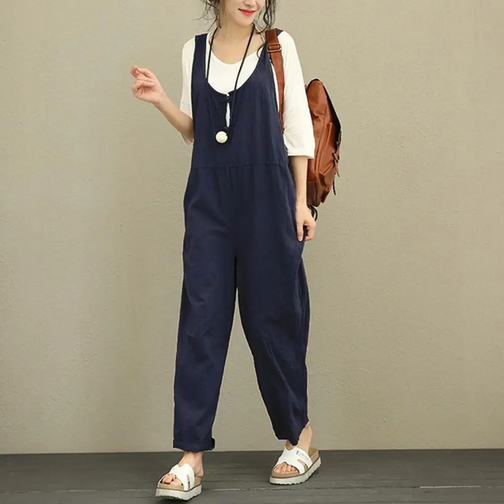 Summer Jumpsuit Stylish Summer Women's Jumpsuit with U Neck Wide Leg Sleeveless Design Solid Color Side Pockets Pullover for A