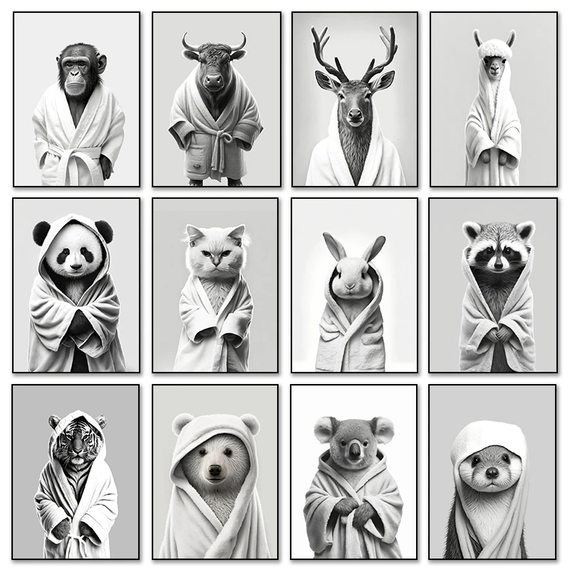 Divertido Panda mono tigre usando Albornoz frío invierno Animal cartel lienzo pintura impresiones arte Mural baño baño decoración del hogar