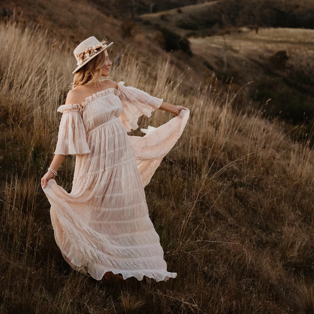 Bohemian Photo Shooting abito da gravidanza tema rosa nella natura selvaggia abito premaman In Chiffon pieghettato vestiti per le donne incinte