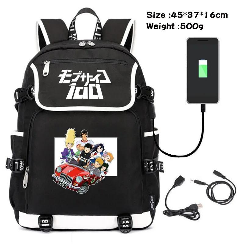 Men Women Backpacks Cosplay Anime Mob Psycho 100 USB Backpacks Rucksack Travel Bags Student School Book Bag Black Shoulder Bags