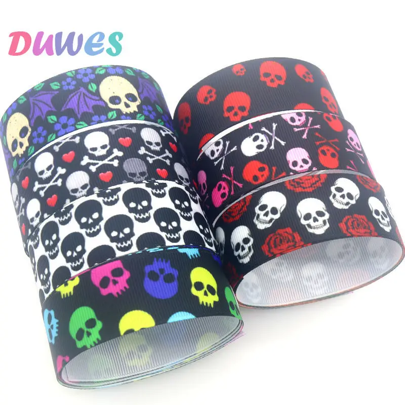 DUWES 50yards Skull Printed Grosgrain Ribbon Accessories Material Headwear Decoration DIY Sewing Craft D1846