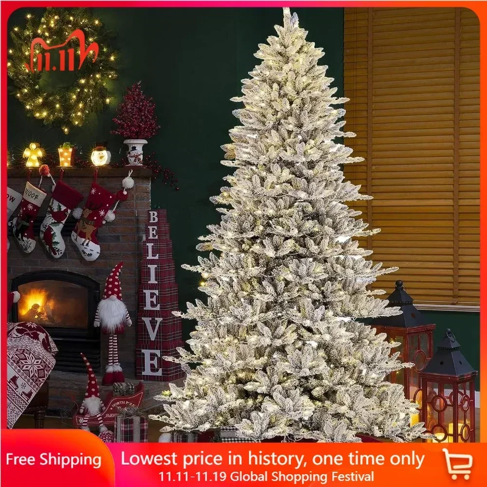 11ft Pre-Lit Flocked Slim Fir Artificial Christmas Tree, with 950 Warm White Lights for Holiday Decorations,Large Xmas Tree