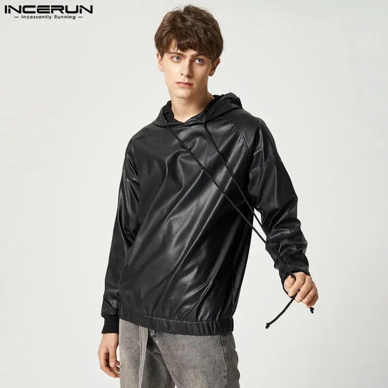 Stylish Hot Sale Men Tops INCERUN 2024 Reflective Leather Solid Hooded Hoodies Casual Male Long Sleeved Drawstring Sweater S-5XL