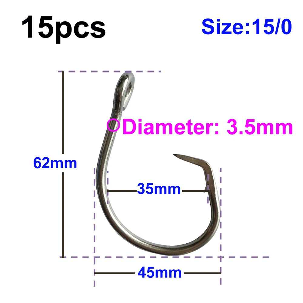 

15 шт. Mustad 15/0 круглые рыболовные крючки для тунца из нержавеющей стали, колючие круглые крючки для ловли тунца и марлина
