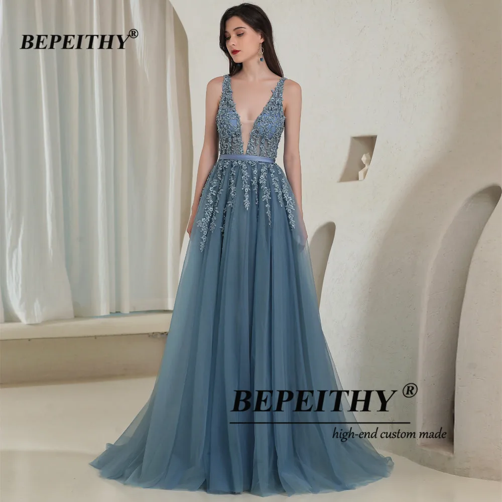 BEPEITHY Customized Elegant V Neck Gray Blue Long Evening Dresses 2022 Party Sexy Backless Prom Gown Sleeveless Robe De Soiree