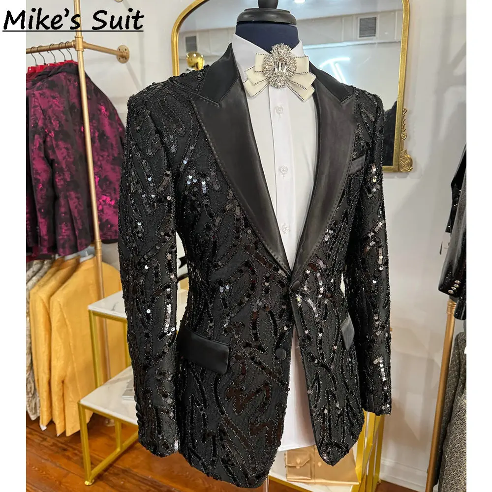 Men 2‑Pieces Black Sequined Beading Tuxedo Satin Peak Lapel Blazer Pants Set Luxury Formal Suit For Wedding Groom Prom