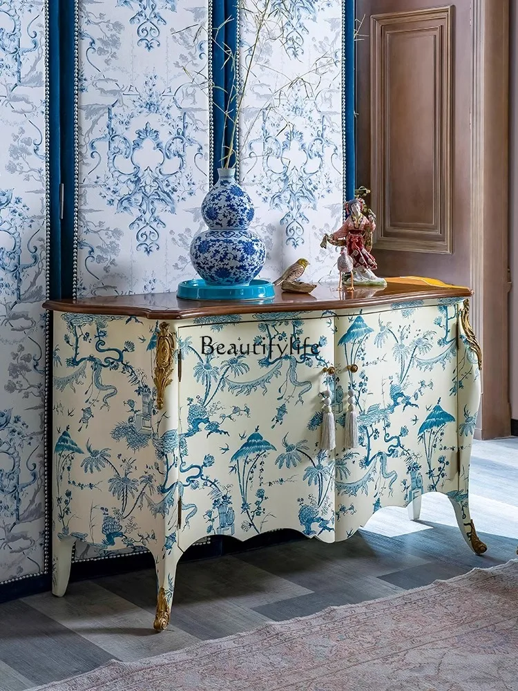 French Chinese Style Sideboard Cabinet Blue and White Hand Drawn Locker