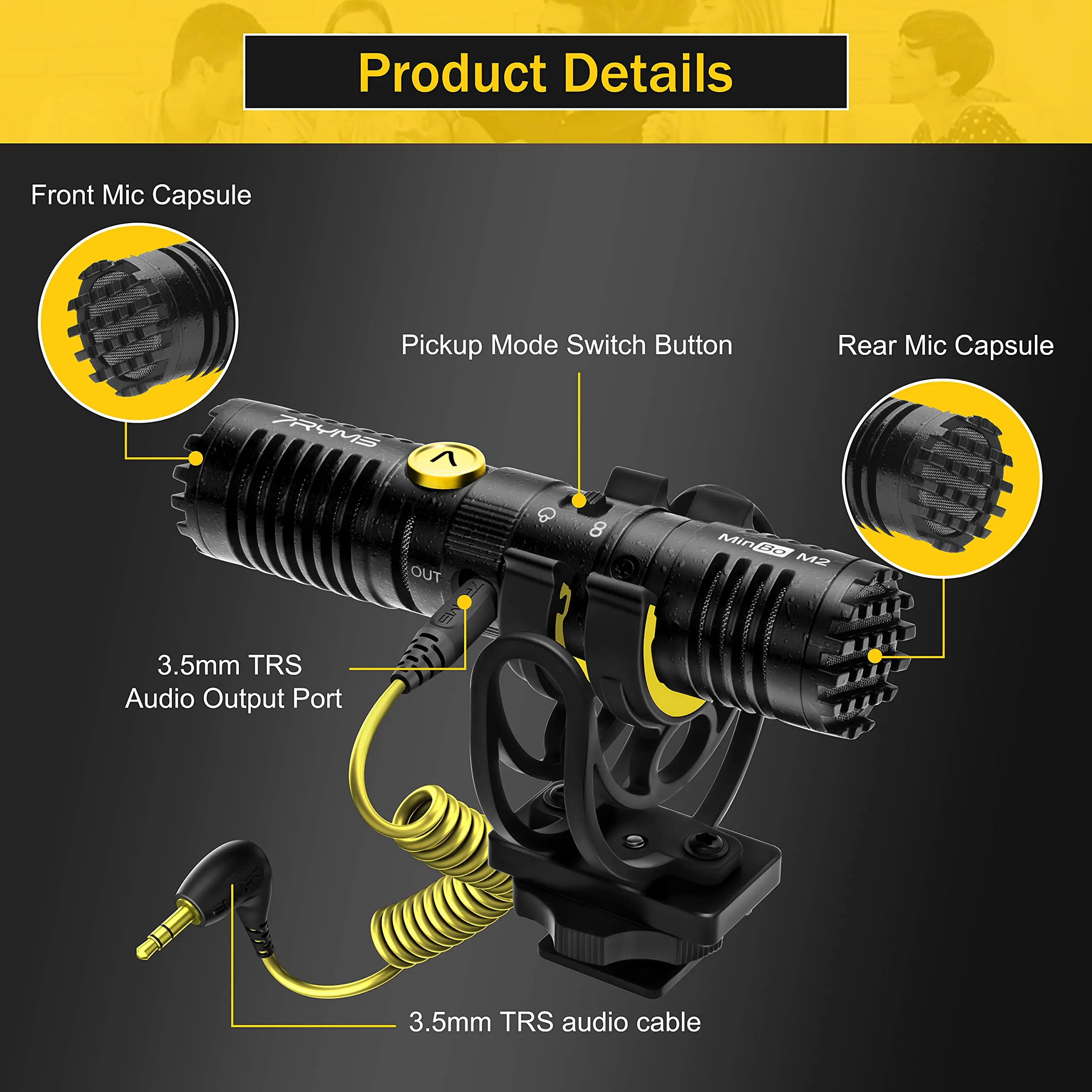 Microfone cardióide duplo 7RYMS MinBo M2 com montagem antichoque Rycote Lyre, gravação mono/estéreo, microfone plug and play para vlog YouTube ao vivo DSLR câmera de bolso, smartphones e laptops