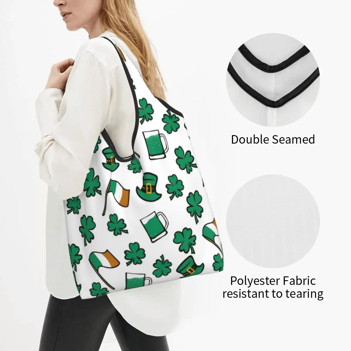 Reusable St Patrick's Day Irish Shamrock Clover Shopping Bag for Groceries Foldable Grocery Bags Washable Large Tote Bags