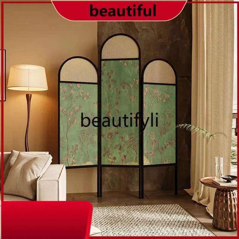 French medieval flower and bird screen home partition living room entrance dining room bedroom solid wood rattan folding screen