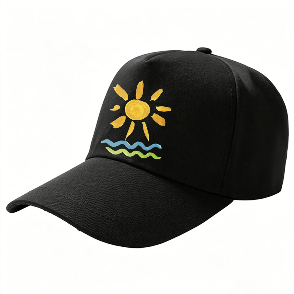 Men Women Hand Drawn Sun Wave Ocean Beach Print Baseball Cap Summer Casual Soft Cotton Adjustable Outdoor Travel Dad Hat