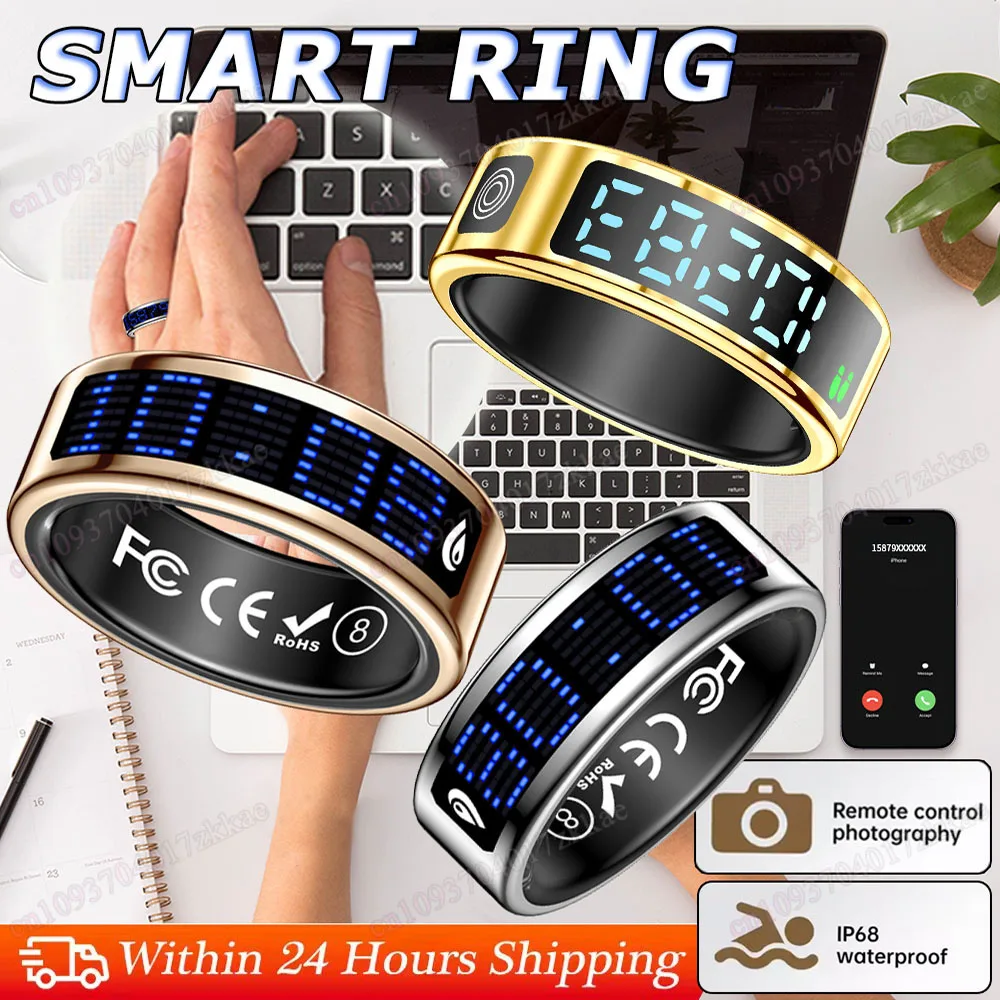 

2025 Upgraded Smart Ring LED Display Screen Health Monitor Remote photography Heart Rate Blood Oxygen 5ATM Waterproof Smartring