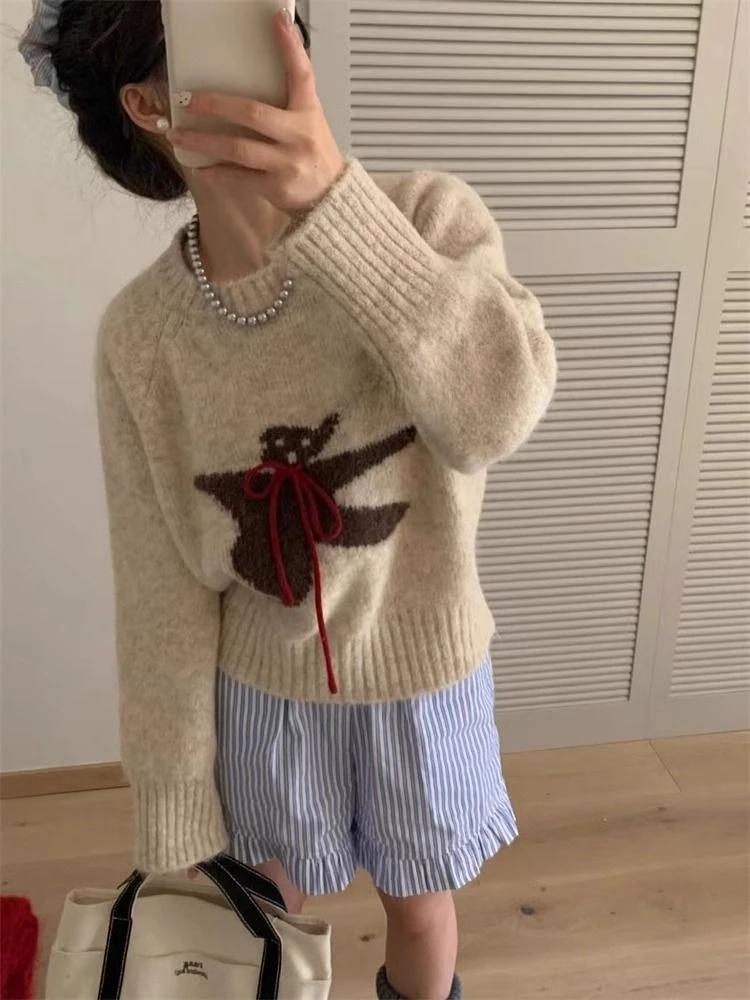 

Deeptown Kawaii Women Cropped Sweaters Sweet Harajuku Cartoon Knitted Pullovers Korean Style Cute Autumn Winter Oversize Sweater
