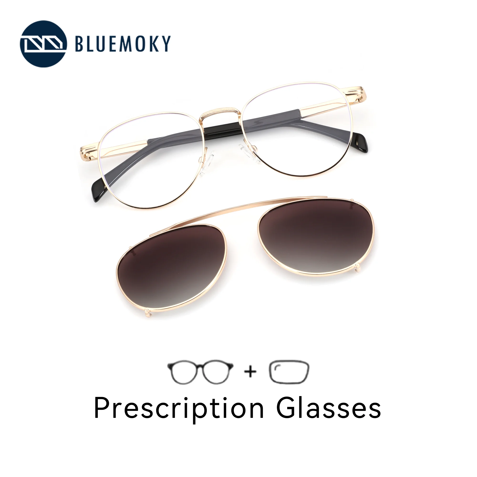 

BLUEMOKY L Size Square Metal Frame Glasses Men Clip On Polarized Lenses Prescription