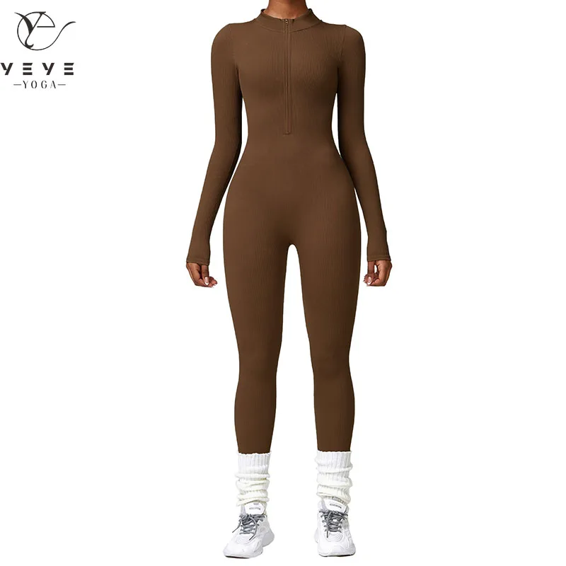 Women's Yoga Long Sleeve One Piece Tummy Control Seamless Ribbed Jumpsuit Outdoor Sport Clothes Romper Fashion Fitness Sportwear