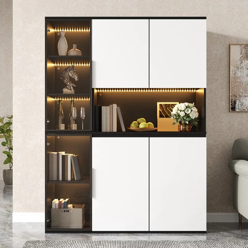 Buffet haut moderne, vitrine, finition noir-blanc brillant, portes vitrées, éclairage LED intégré avec couleur réglable, structure en MDF, rangement spacieux pour salle à manger et salon