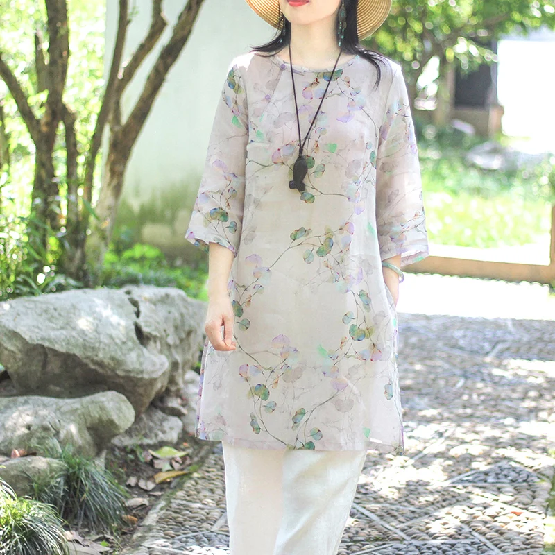 

Женская летняя блузка свободного кроя из хлопка и льна, средней длины, тонкая, модная, с традиционным принтом, круглым вырезом и пуговицами