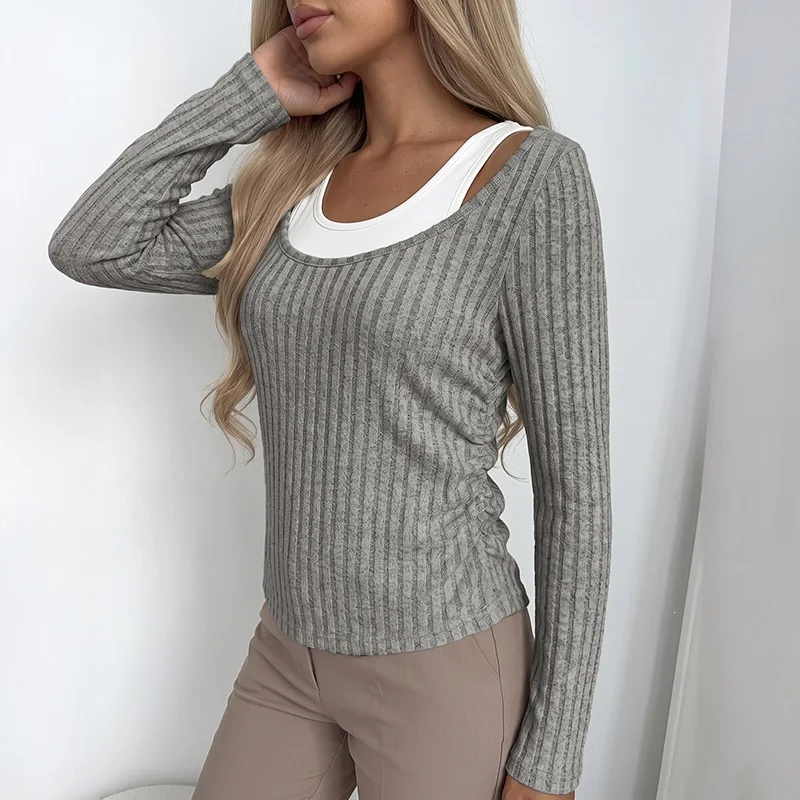 Chic 2026 Autumn and Winter T-shirt Tops Female Tshirt Fake Two-piece Polished Pit Strip T-shirt Top Pullover T-shirt Women Y2K