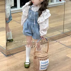 유아 및 여아 의류 세트, 용수철 및 여름, 아동용 긴팔 꽃 셔츠, 데님 반바지, 2 피스 세트, 신제품