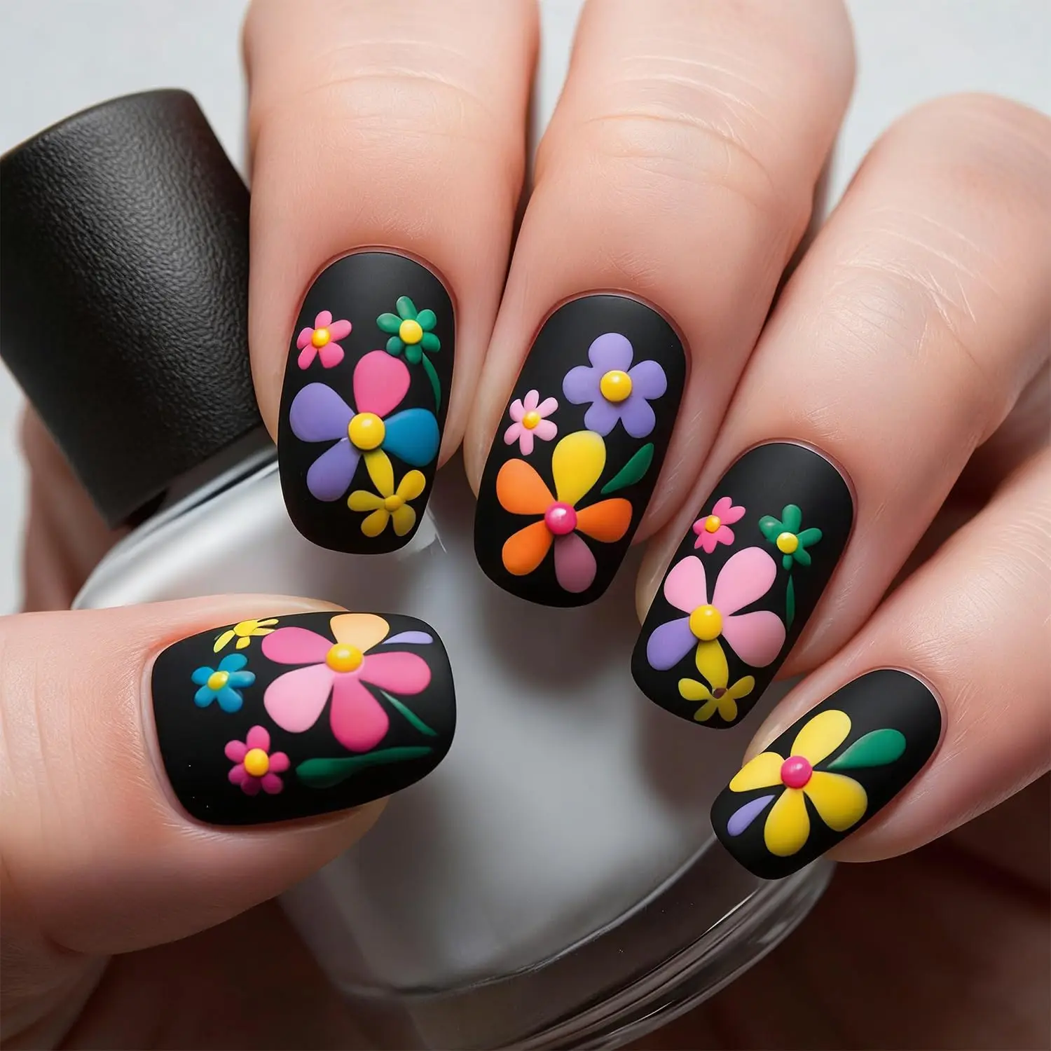Flower Press on Nails Short Square Fake Nails with Multicolor Floral Matte False Nail Full Cover Spring Summer Stick on Nail